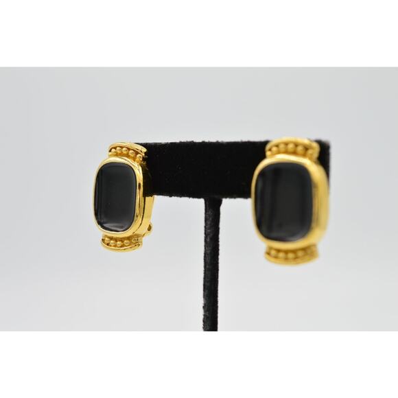 Givenchy Vintage Clip On Earrings Black Enamel Gold Tone Runway Signed 1980s 9I - Picture 3 of 9
